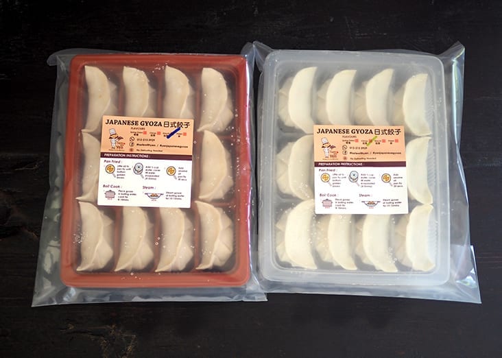 The gyozas are packed in special compartments in a box making each dumpling easier to remove when it is frozen.