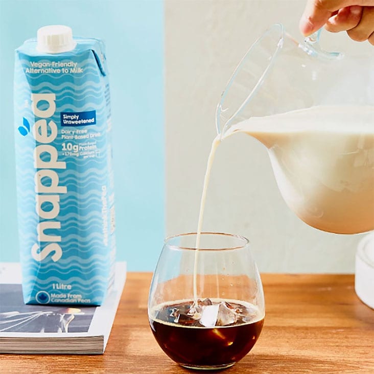 Try Snappea’s Simply Unsweetened pea milk to create a dairy-free iced coffee.