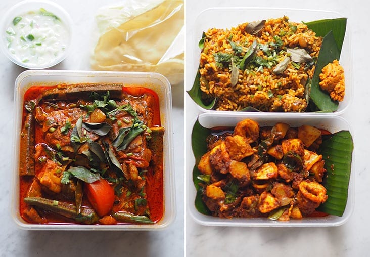 Your fish head curry is packed with a refreshing cucumber ‘raita’ and ‘pappadums‘ (left). Their takeaway boxes are lined with banana leaves for the ‘sotong’ and ‘satti sorru‘ (right).
