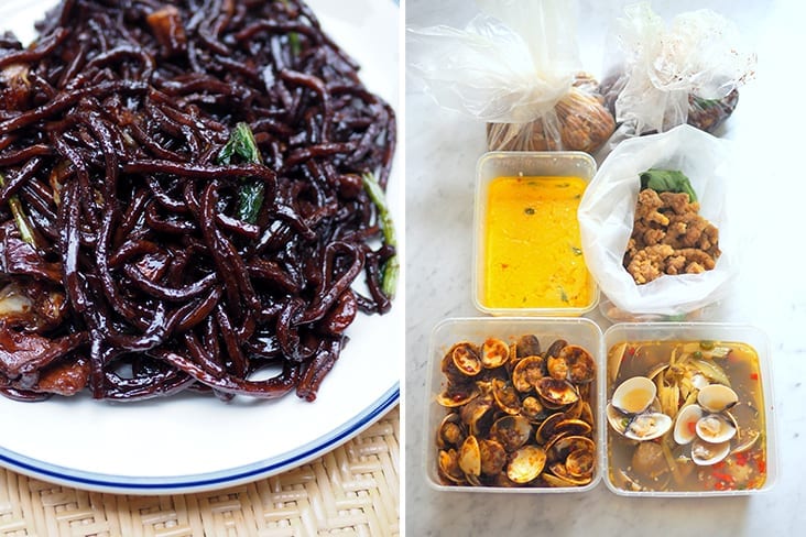 Hokkien mee is served with lots of dark soy sauce, fried lard pieces and pork slices (left). Packaging is pretty basic with the noodles as they are just wrapped in plastic sheets while the clams are placed in a box (right)