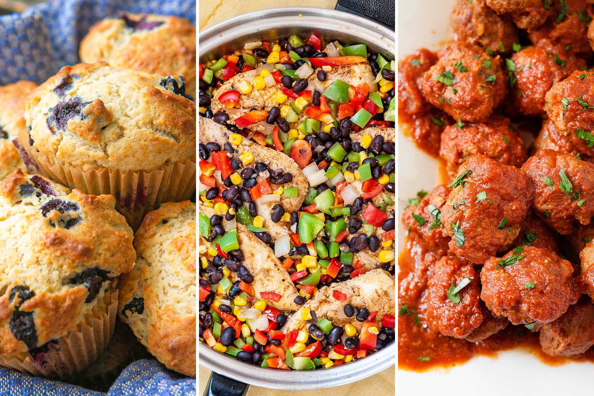 Three photos side by side. On the left is a linen lined basket with blueberry muffins inside. The center photo is a skillet with Southwest Skillet Chicken with Beans and Corn inside. The photo on the right are sauce covered meatballs sprinkled with parsley.