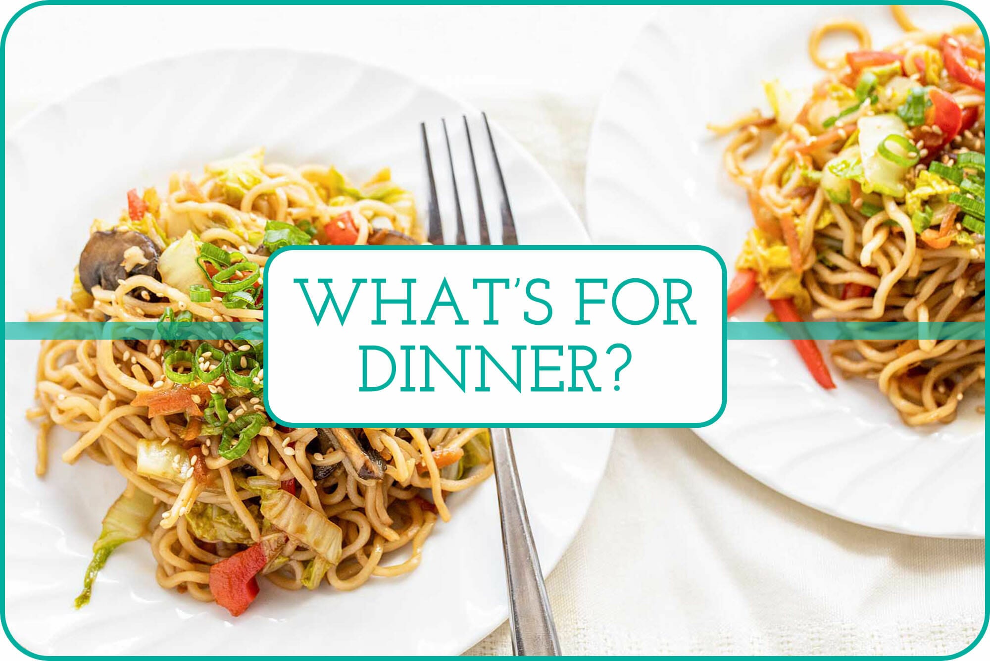 "What's For Dinner" with two fluted plates of Vegetable Lo Mein.