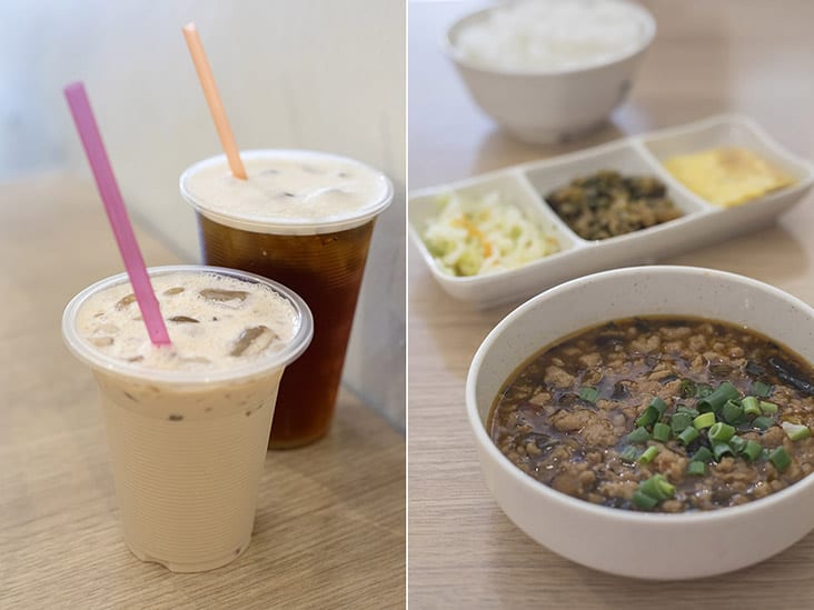 Thick milk tea and Oriental Beauty Red Tea (left). Tainan Braised Minced Pork Bento (right).
