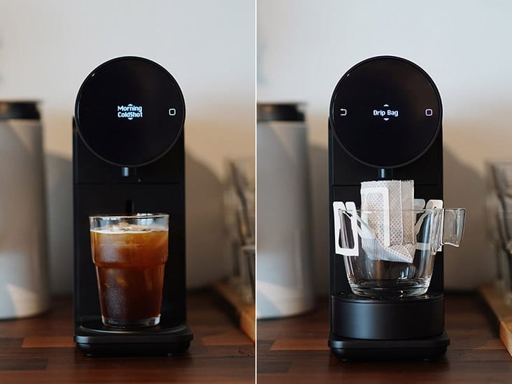 Experiment with the Morning Machine – why not try a “cold-shot” espresso (left) or a single-serve coffee drip bag (right)?