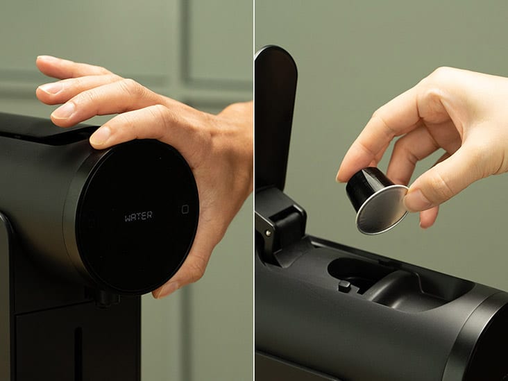 Turn the dial to change the function (left). Inserting a coffee capsule is simple and straightforward (left).