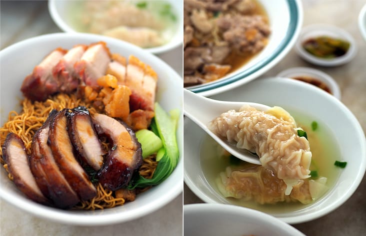 The 'char siew' and 'siew yoke' noodles are generously loaded with meat at RM12 for a small portion (left). The eatery makes their own dumplings that are well stuffed with a filling of minced meat and prawns (right)