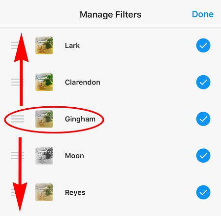 instagram filters with arrows showing you can move filters up or down