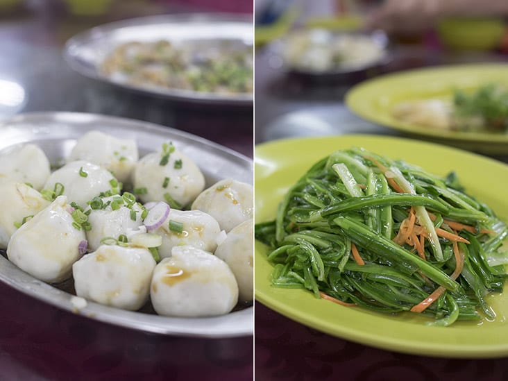 Bouncy 'saitou' fish balls (left). Always order some greens! (right)