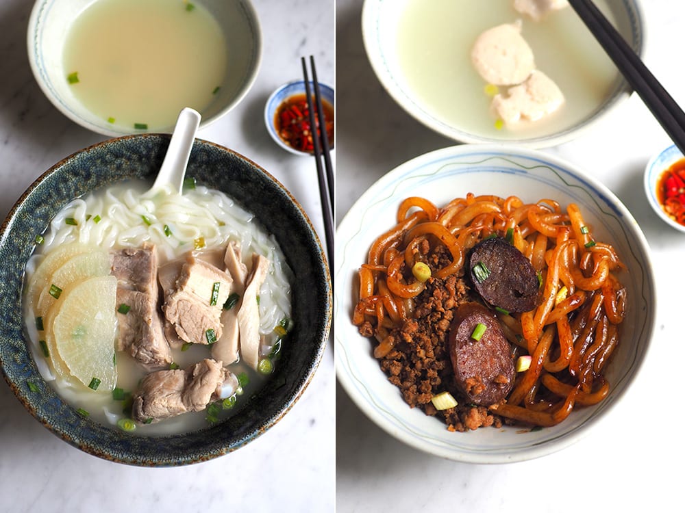 The 'sambo' or three treasure noodles has the best of everything from pig's stomach, pork ribs and pork belly (left). Sun Huat Kee is famous for their 'sam kang chong' noodles where noodles is topped with minced meat, pork sausage and served with pork ball in soup or dry form (right).