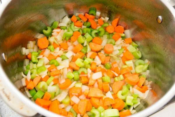 Diced carrots, celery and onion cooking for Chicken and Dumplings.