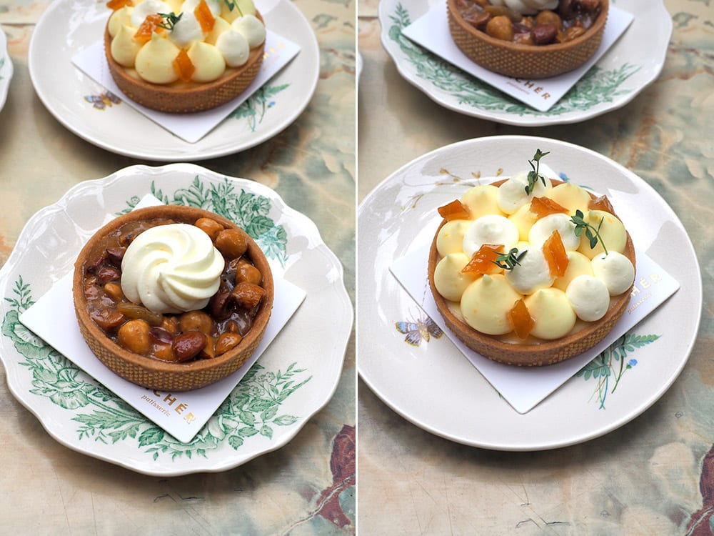 Nut lovers will savour this caramel mixed nut tart that has a mix of hazelnuts, pistachios, almonds paired with raisins, apricots and cranberries (left). If you like lighter lemon flavours, this citron tart is perfect for you as it marries lemon curd, lemon cream and light mascarpone chantilly cream with a crunchier cookie tart (right).