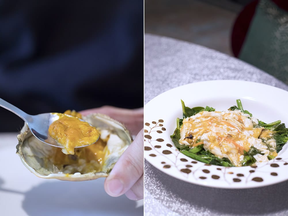 Luxurious hairy crab roe (left). Spinach with crabmeat and egg white (right).