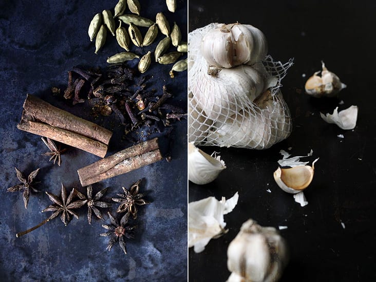 Various aromatics, from dried spices to as much garlic as you desire.