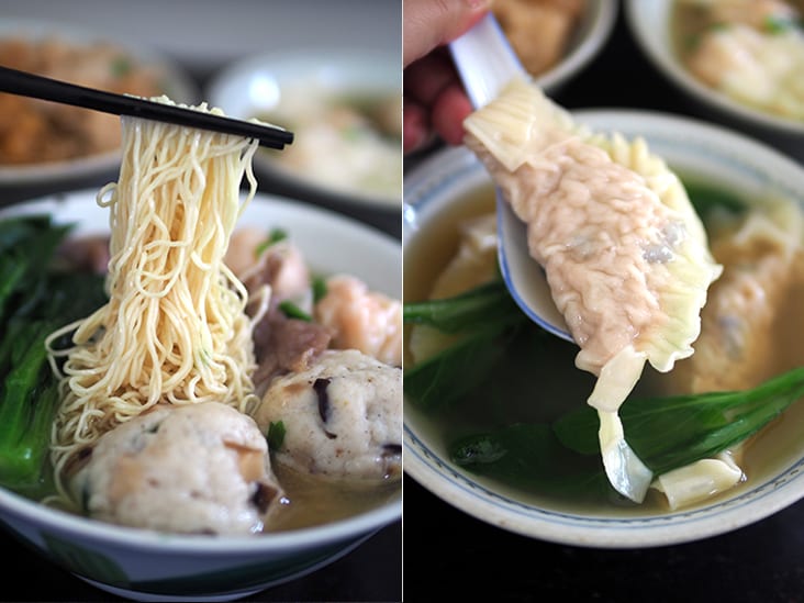 Their noodles have a very fine texture (left). Pork dumplings are well stuffed with minced pork, prawns and crunchy wood ear fungus (right).