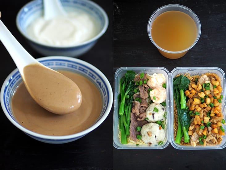You can also order 'tong sui' like this walnut dessert (front) or almond dessert (back) (left). Everything is packed neatly in boxes and the soup noodles are separated from the liquid (right)