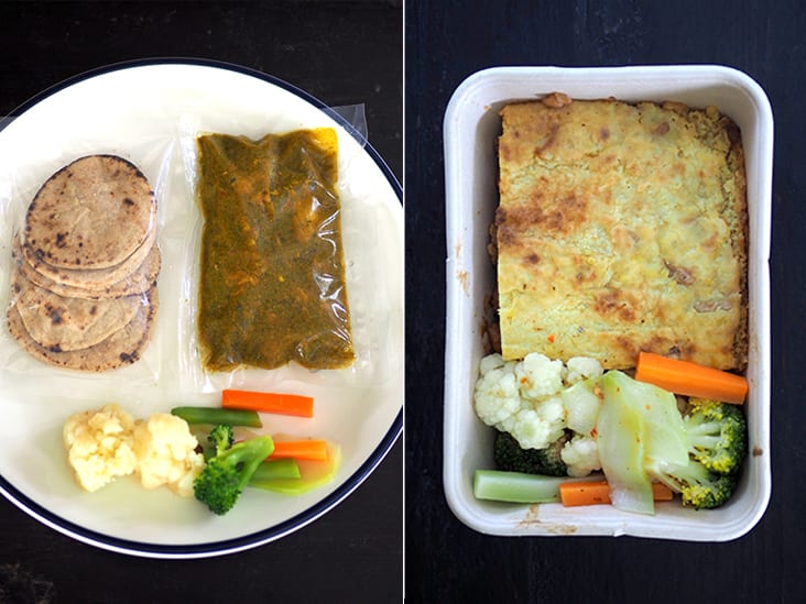 The green chili chicken is packed in separate bags to ensure the items can be easily heated up (left).The unusual tempeh shepherd's pie was absolutely delicious with its interesting combination of tempeh, chickpeas and yam bean (right).