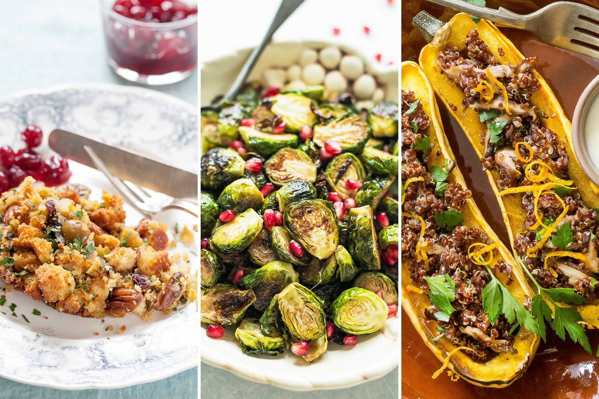 Three images side by side. On the left is a plate of Cornbread Stuffing with Green Olives and Pecans. In the center is a serving platter of Roasted Brussels Sprouts with Pomegranate-Balsamic Glaze. On the right is Stuffed Delicata Squash with Quinoa and Mushrooms.