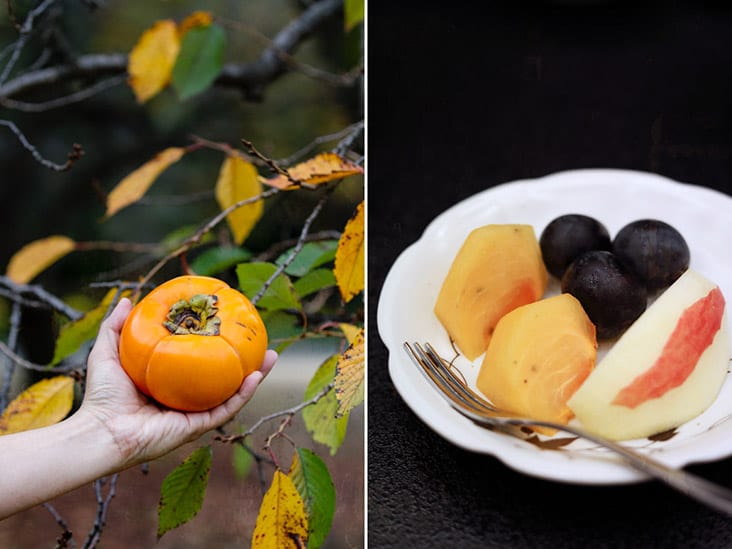 Fresh persimmons or 'kaki' often appear on dessert platters during autumn in Japan