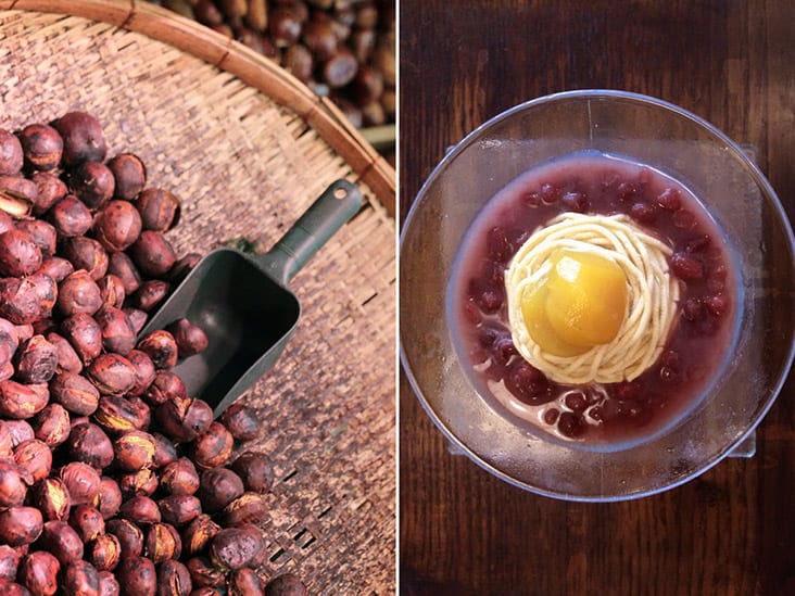 Roasted chestnuts ('yaki-guri') are transformed into 'kuri kinton' (chestnut purée), paired here with 'adzuki' beans