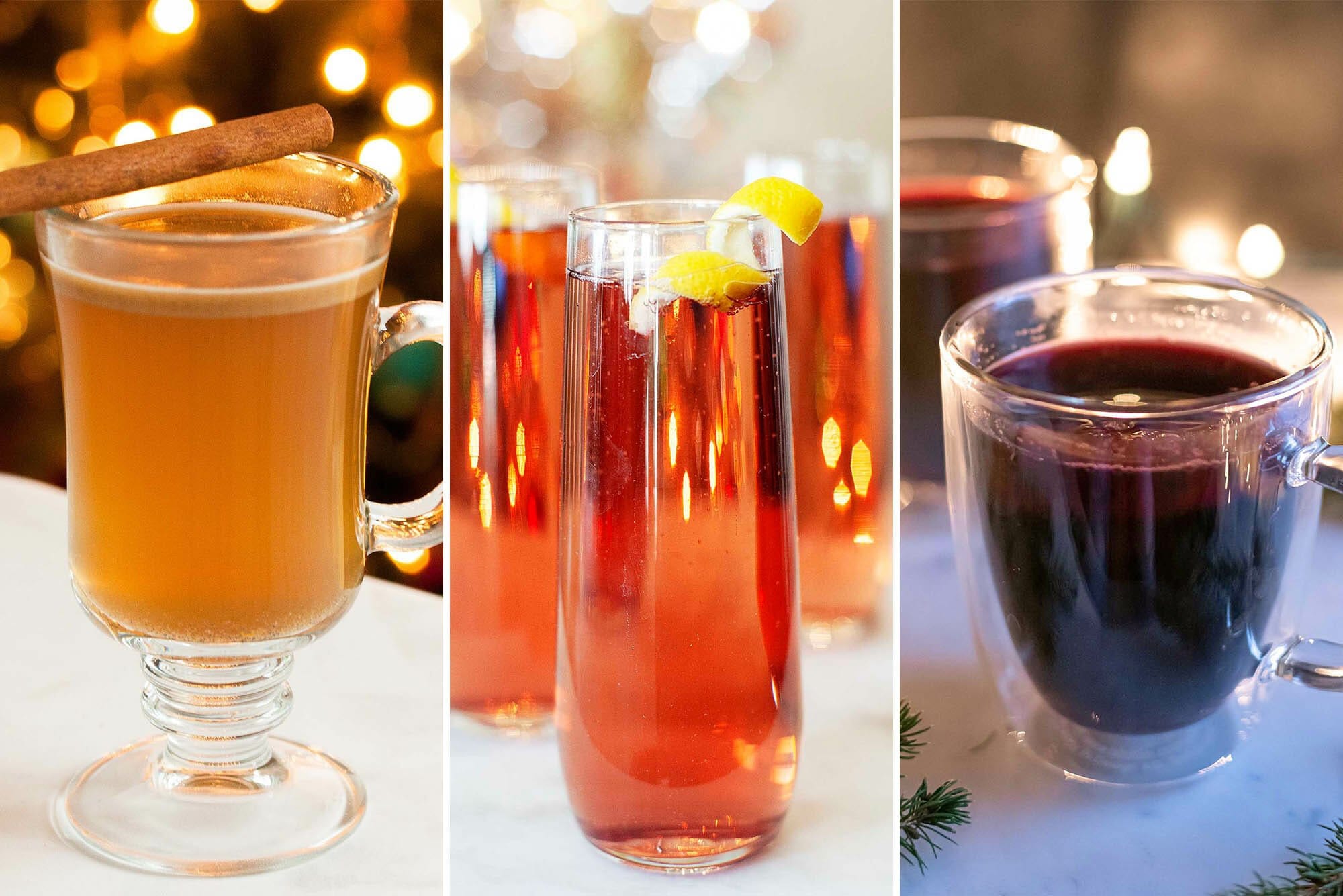 Three photos side by side. To the left is a glass mug of Hot Buttered Rum, in the center are three flutes of Chamb' and Bubbly. To the right is a glass mug of hot mulled wine.