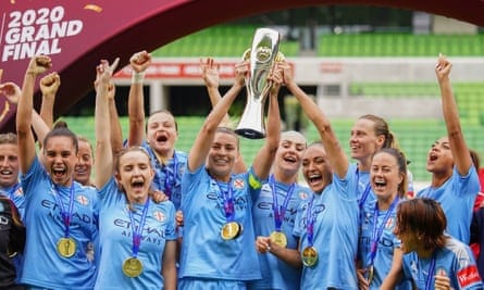 Melbourne City women's team celebrates winning the 2020 W-League grand final