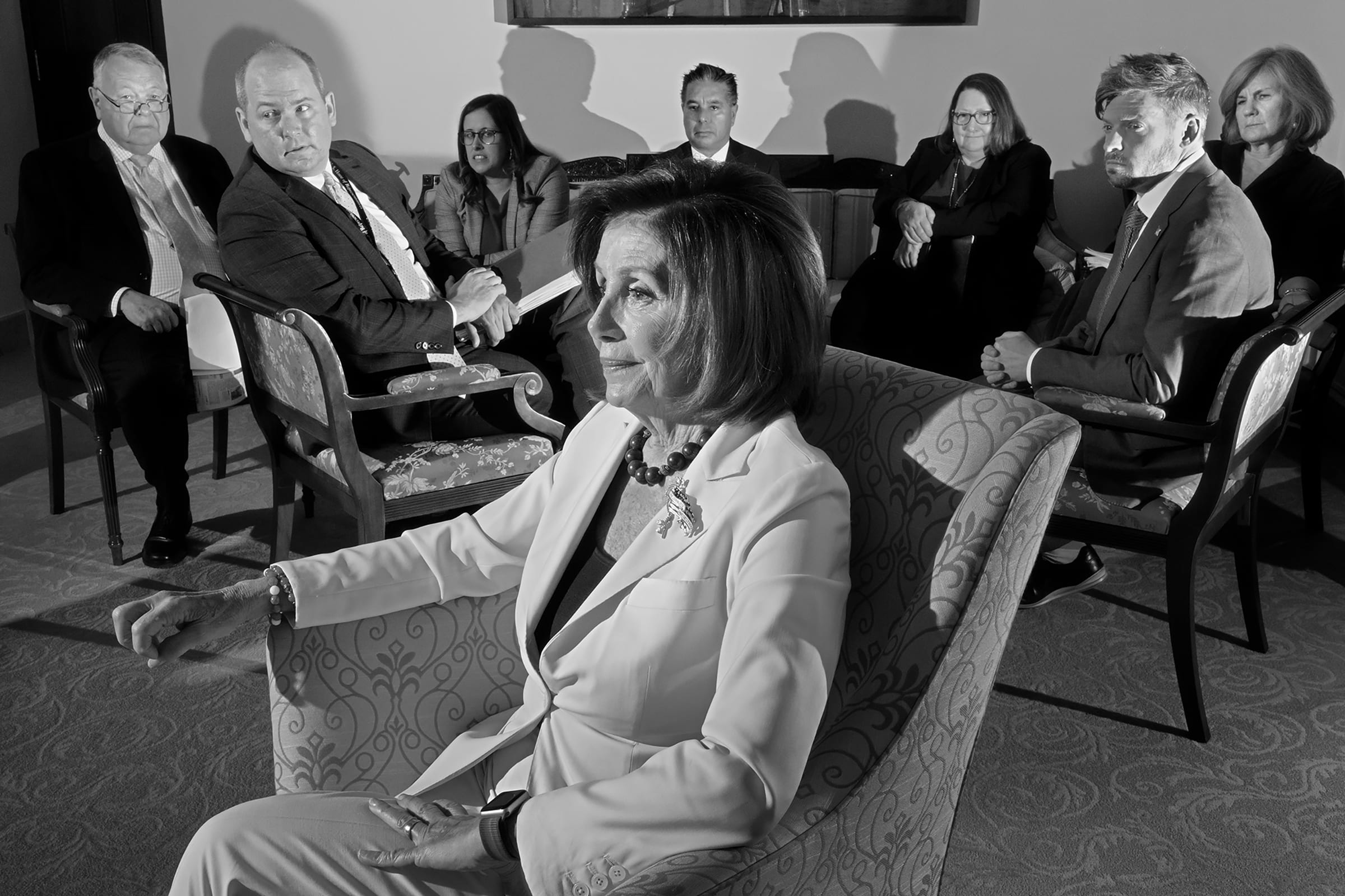 Nancy Pelosi, Speaker of the House, meets with her staff on Capitol Hill on Dec. 5, 2019.  Pelosi's Play,  Jan. 20 issue.