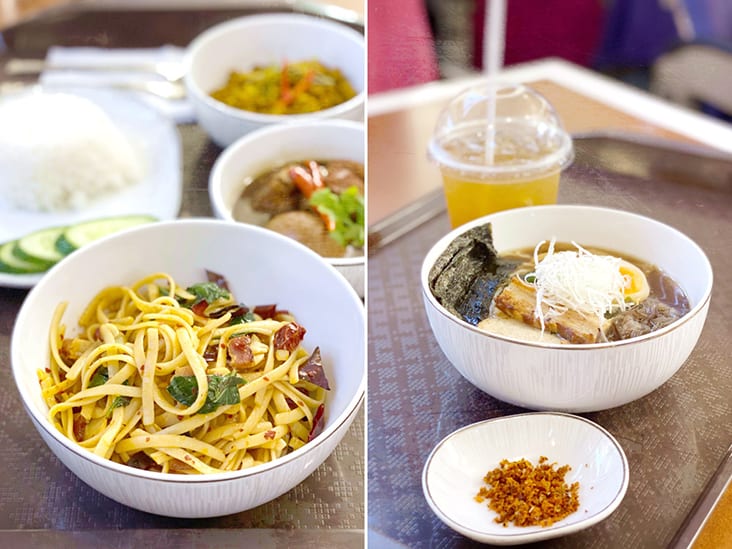 Who says airline food has to be boring? Try some spicy pasta (left) or some Japanese ramen (right).