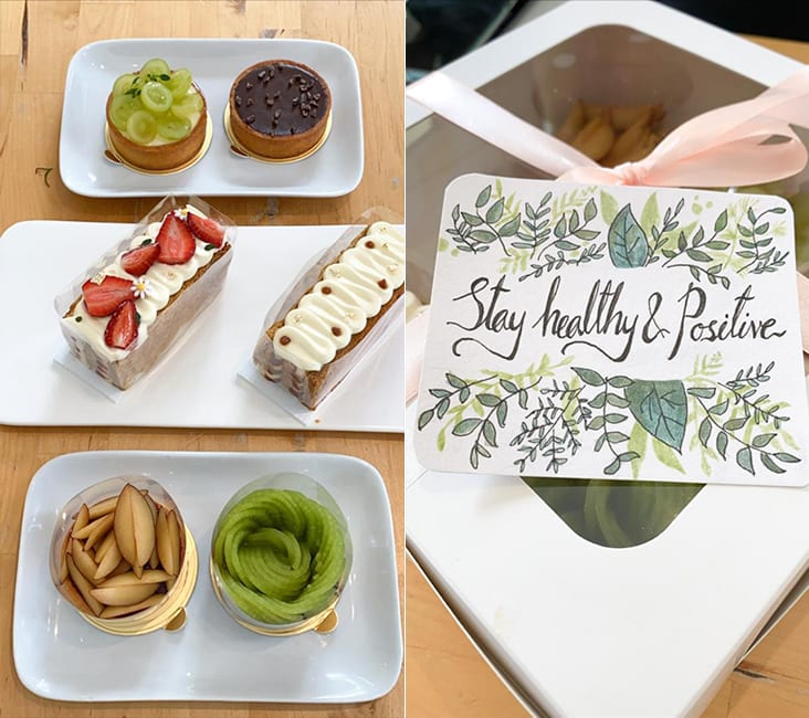 These pretty fruit tarts and mille feuille can be delivered right up to your doorstep (left). Each order is accompanied with a specially-drawn message making it perfect for gifting (right).– Pictures by Lee Khang Yi