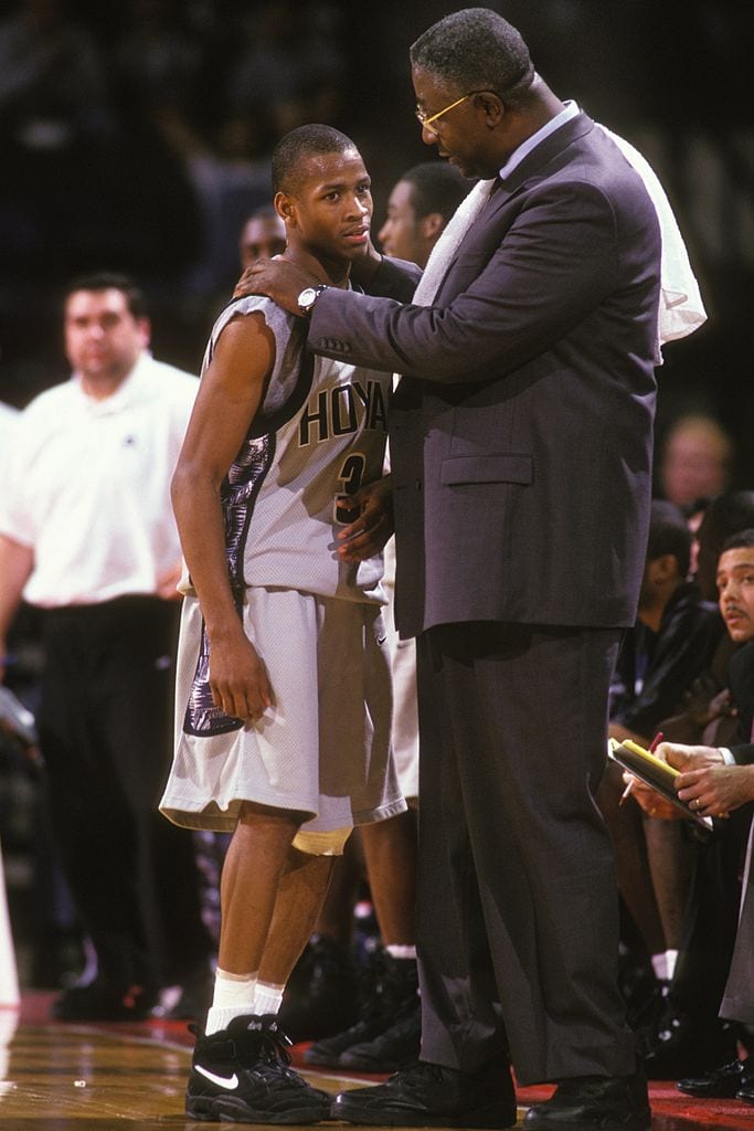 Allen Iverson is pictured with John Thompson, head coach of the Georgetown Hoyas, during a basketball game on Jan. 10, 1995 in Landover, Maryland.