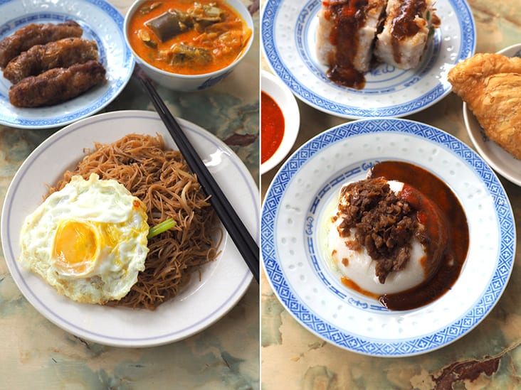 Start the day with a tasty fried 'beehoon' paired with fried egg, vegetable curry and 'lorbak' (left). There's a small selection of snacks like this 'woon chai koh' available (right). – Pictures by Lee Khang Yi