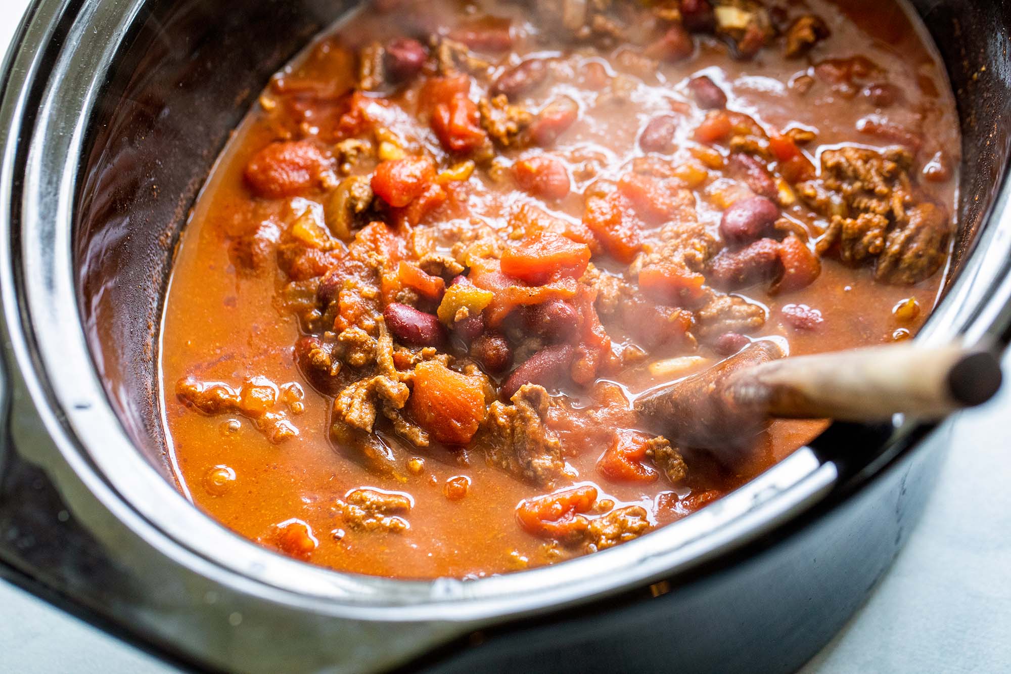 Tailgate Beef Chili Recipe in a crock pot.