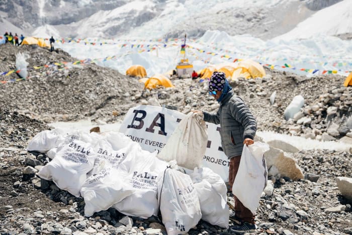 The Bally Peak Outlook Foundation at work in 2019 removing waste from the base camp of Mount Everest.